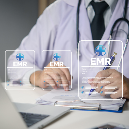 Healthcare Security Specialists Doctor reviewing medical records with digital EMR icons representing electronic health data security.