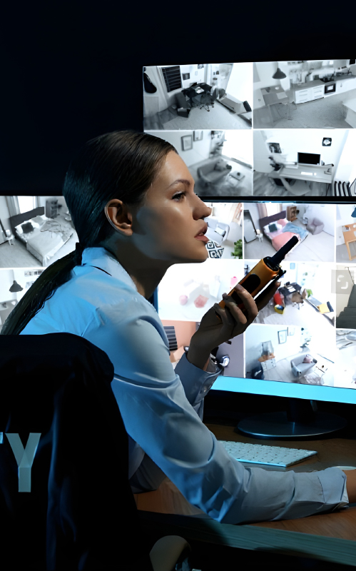 Healthcare & Specialist Security Expertise A female security professional is seated at a desk, intently looking at a large monitor displaying a grid of live security camera feeds. She is holding a walkie-talkie to her mouth as if communicating with someone. The camera feeds show various indoor scenes, like living rooms and bedrooms, and the overall atmosphere is dark, with the screens illuminating her face. Her chair has the word