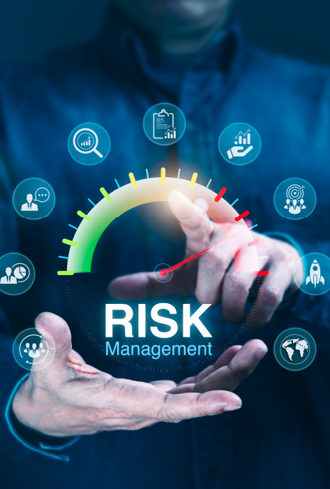 Comprehensive Security Risk Assessments Person interacting with a virtual dashboard showing a risk level gauge surrounded by business and security-related icons, with the words 'Risk Management' displayed in the center.