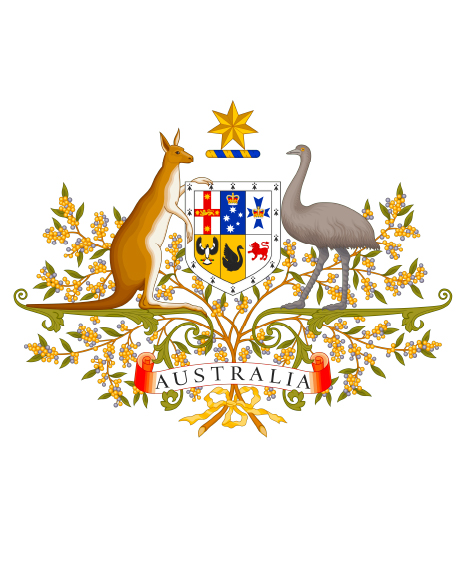 Government-Approved and Fully Licensed The official coat of arms of Australia featuring a kangaroo and an emu supporting a shield with six state emblems, topped with a seven-pointed star and surrounded by golden wattle.