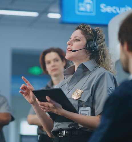 Legal Compliance and Professional Standards A female security officer wearing a headset and holding a tablet while speaking and gesturing during a team briefing in a security control room.