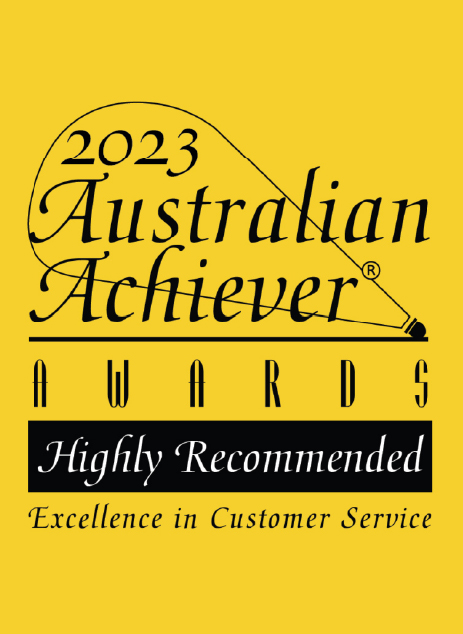 Local Expertise Across Four States A yellow certificate graphic for the 2023 Australian Achiever Awards, featuring the text “Highly Recommended – Excellence in Customer Service.