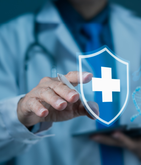 Specialised Healthcare Security Expertise Doctor using a digital tablet and interacting with a virtual medical shield icon, symbolizing healthcare security and data protection.